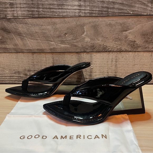 GOOD AMERICAN CINDER F*UCKING RELLA CLEAR WEDGE SANDAL BLACK PATENT LEATHER NWOB - Picture 12 of 15